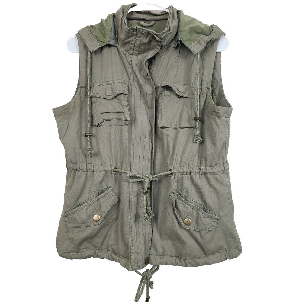 Fashionomics Womens Olive Green Utility Vest Large Hooded Zip‎ Front Outdoor